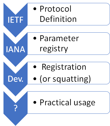 Flow chart from definition by IETF to creation of registry by IANA, registration or squatting by developers, practical usage